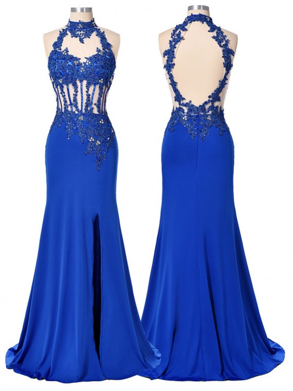 Royal Blue Floor Length Chiffon Trumpet Prom Dress Featuring Lace