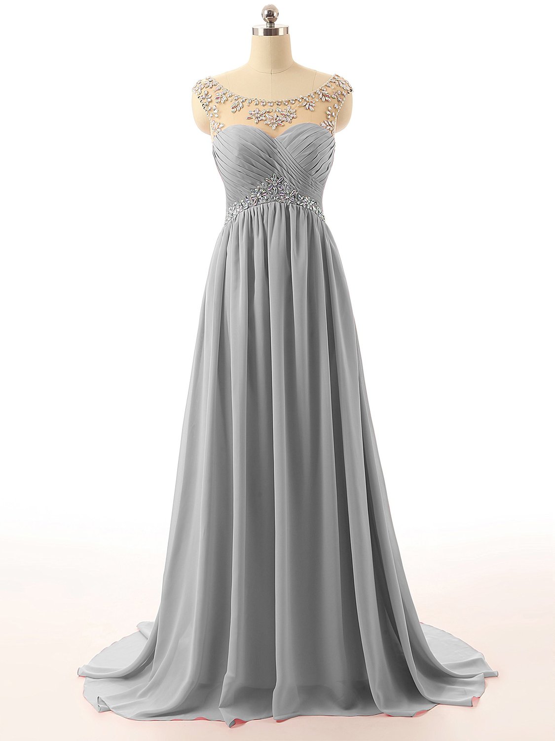 Light Grey Floor Length A Line Chiffon Prom Dress With Beaded Embellished Cap Sleeves Prom 1301