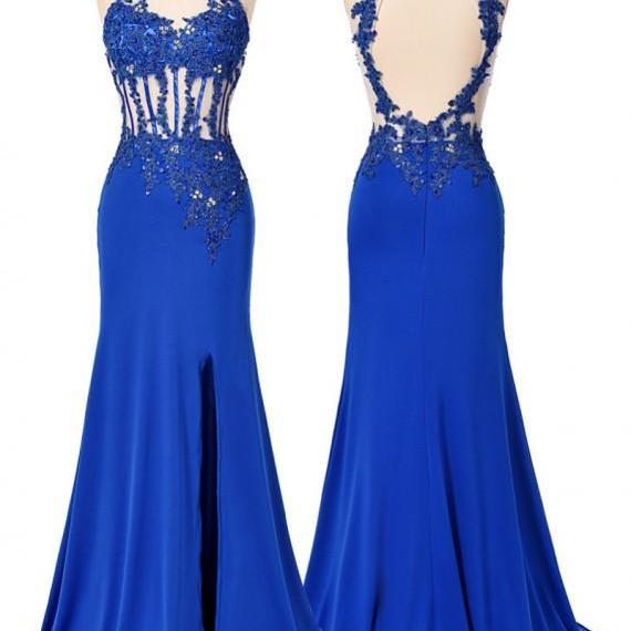 Royal Blue Floor Length Chiffon Trumpet Prom Dress Featuring Lace
