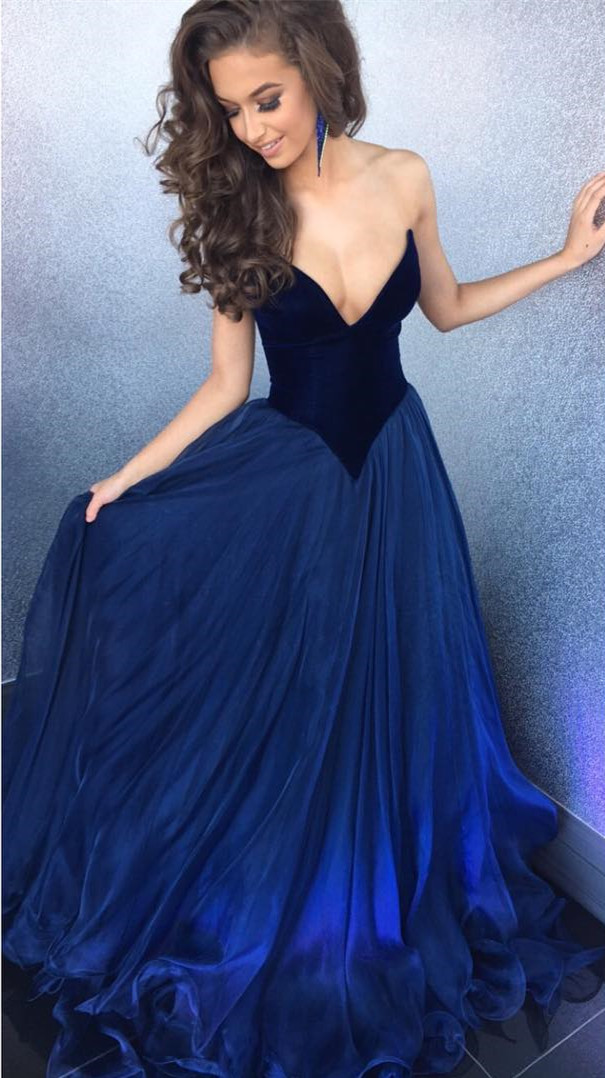 Prom Dress, Sexy Strapless Bodice Corset Long Organza Navy Blue Prom Dresses Ball Gowns on Luulla
